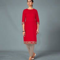 Laxmipati Cotton Viscose Hot Red Straight Cut Kurti With Mask