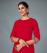 Laxmipati Cotton Viscose Hot Red Straight Cut Kurti With Mask