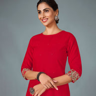 Laxmipati Cotton Viscose Hot Red Straight Cut Kurti With Mask