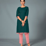 Laxmipati Cotton Viscose Deep Bluish Green Straight Cut Kurti With Mask