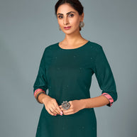 Laxmipati Cotton Viscose Deep Bluish Green Straight Cut Kurti With Mask