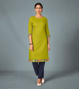 Laxmipati Cotton Viscose Parrot Green Straight Cut Kurti With Mask