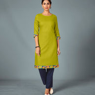 Laxmipati Cotton Viscose Parrot Green Straight Cut Kurti With Mask