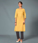 Laxmipati Cotton Viscose Daffodil Yellow Straight Cut Kurti With Mask