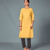 Laxmipati Cotton Viscose Daffodil Yellow Straight Cut Kurti With Mask