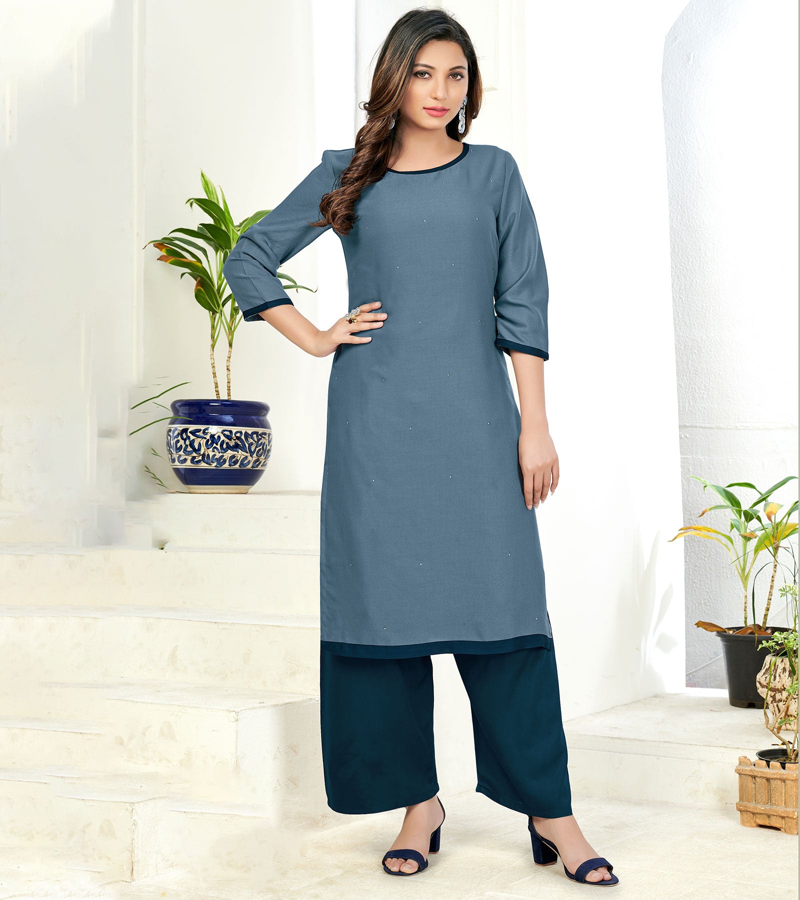 Laxmipati Poli Candy  Steel Grey Straight Cut Kurti With  Mask