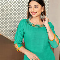 Laxmipati Lamten Linen Grass Green Straight Cut Kurti With  Mask