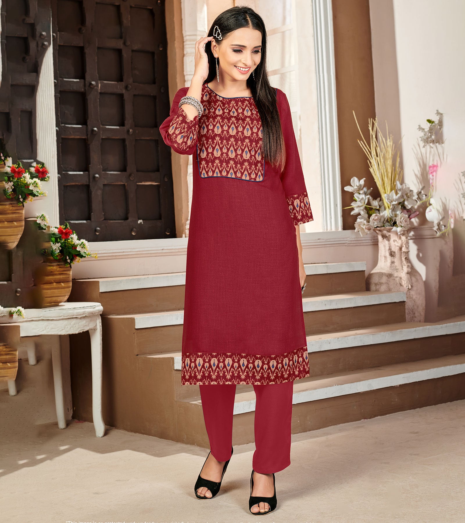 Laxmipati Lamten Linen Myrid Maroon Straight Cut Kurti With  Mask
