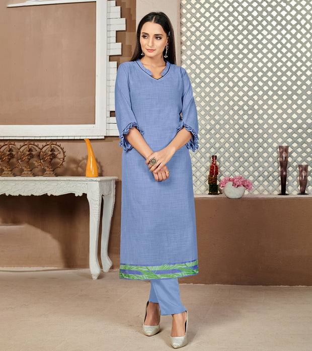 Laxmipati Lamten Linen Periwink Blue Straight Cut Kurti With  Mask