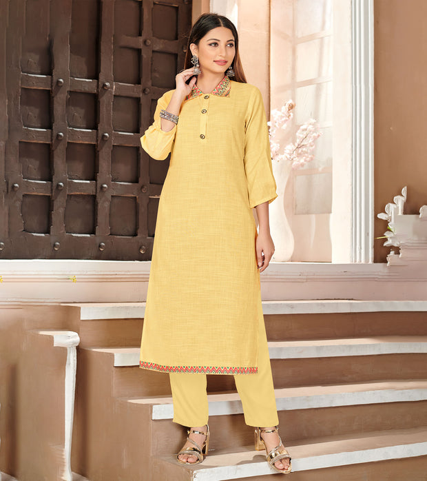Laxmipati Lamten Linen Sunny Yellow Straight Cut Kurti With  Mask