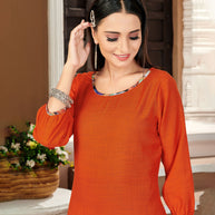 Laxmipati Lamten Linen Irish Orange Straight Cut Kurti With  Mask