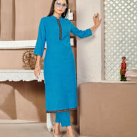 Laxmipati Lamten Linen Subdude Blue Straight Cut Kurti With  Mask