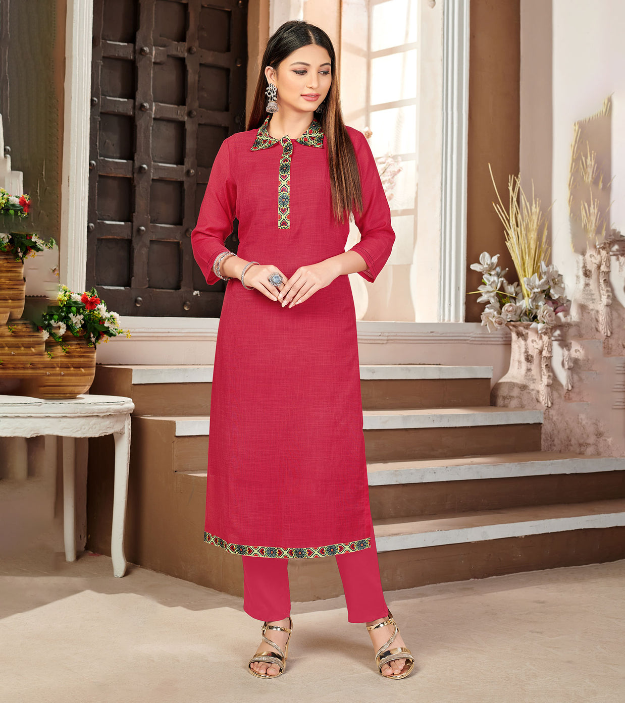Laxmipati Lamten Linen Rimzim Pink Straight Cut Kurti With  Mask