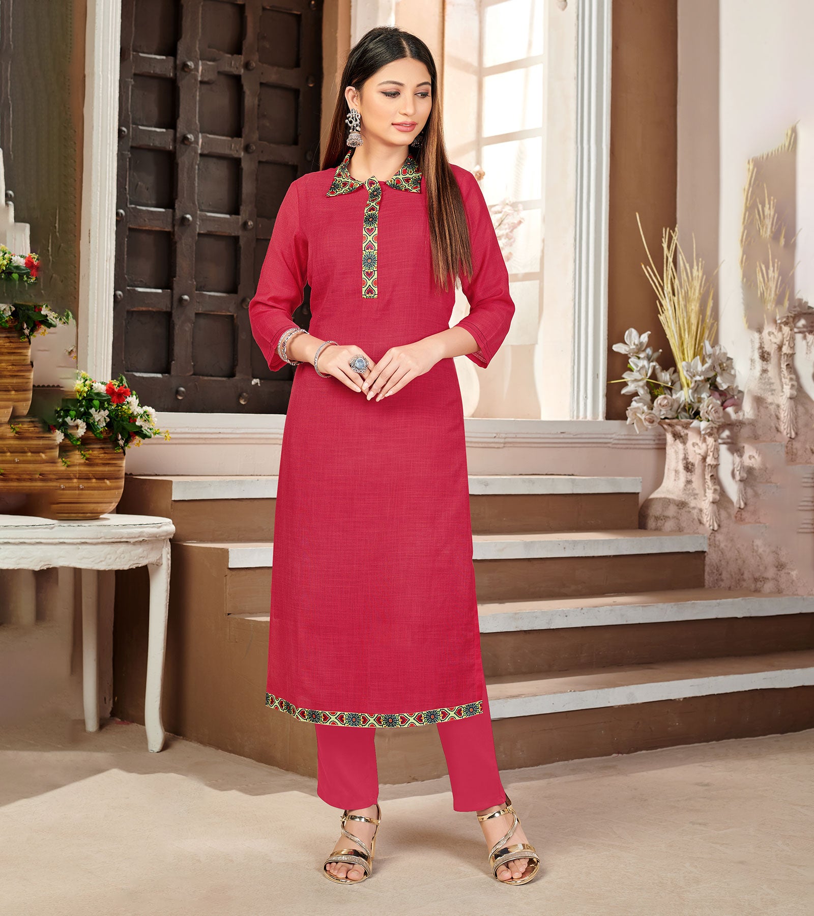 Laxmipati Lamten Linen Rimzim Pink Straight Cut Kurti With  Mask