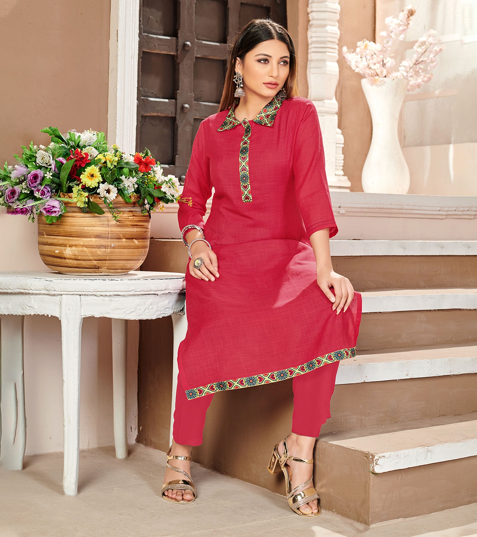 Laxmipati Lamten Linen Rimzim Pink Straight Cut Kurti With  Mask