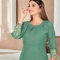 Laxmipati Lamten Linen Ilayachi Green Straight Cut Kurti With  Mask