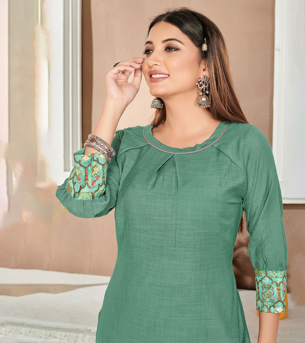 Laxmipati Lamten Linen Ilayachi Green Straight Cut Kurti With  Mask