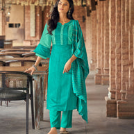 Laxmipati Gopika BU_2 Linen Chanderi Teal Cut Kurti With Pant And Dupatta