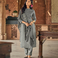 Laxmipati Pure Chanderi Shadow Grey Straight Cut Kurti With Pant And Dupatta