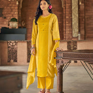 Laxmipati Gopika BU_6 Linen Chanderi Yellow Straight Cut Kurti With Pant And Dupatta