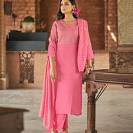 Laxmipati Gopika BU_7 Linen Chanderi Pink Straight Cut Kurti With Pant And Dupatta