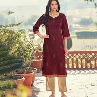 Laxmipati Rayon Slub  Mahogany Maroon Straight Cut Kurti With Mask