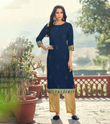 Laxmipati Rayon Slub  Royal Blue Straight Cut Kurti With  Mask