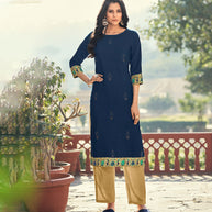 Laxmipati Rayon Slub  Royal Blue Straight Cut Kurti With  Mask