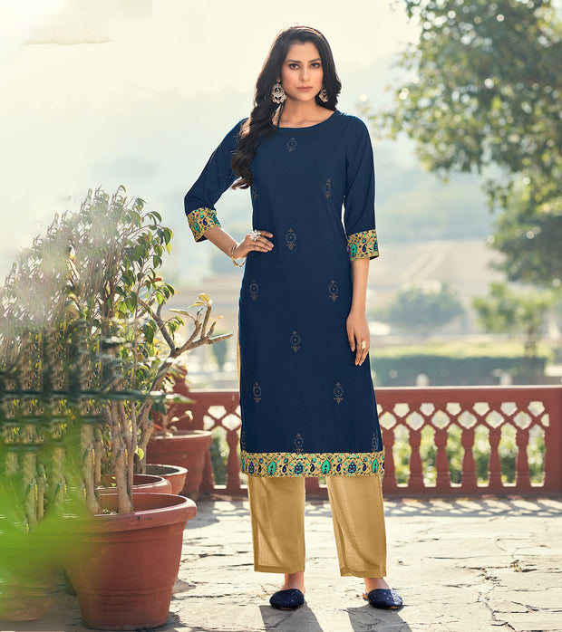 Laxmipati Rayon Slub  Royal Blue Straight Cut Kurti With  Mask