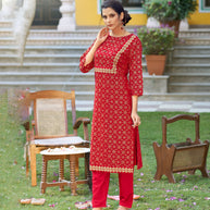 LAXMIPATI VISCOSE SLUB RED STRAIGHT CUT KURTI WITH PANT