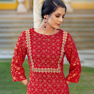 LAXMIPATI VISCOSE SLUB RED STRAIGHT CUT KURTI WITH PANT