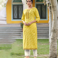 LAXMIPATI VISCOSE SLUB LEMON YELLOW STRAIGHT CUT KURTI WITH PANT