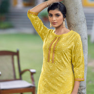 LAXMIPATI VISCOSE SLUB LEMON YELLOW STRAIGHT CUT KURTI WITH PANT