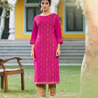 LAXMIPATI VISCOSE SLUB RANI PINK STRAIGHT CUT KURTI WITH PANT