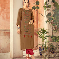 Laxmipati Rayon Moca Khakhi Straight Cut Kurti Has Round Neck Veriation , Embroidered Cufe &  Different Yoke Pattern