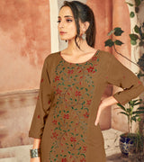 Laxmipati Rayon Moca Khakhi Straight Cut Kurti Has Round Neck Veriation , Embroidered Cufe &  Different Yoke Pattern