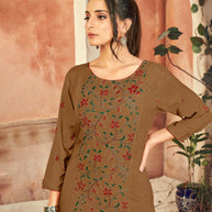 Laxmipati Rayon Moca Khakhi Straight Cut Kurti Has Round Neck Veriation , Embroidered Cufe &  Different Yoke Pattern