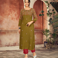 Laxmipati Rayon Mehendi Green  Straight Cut Kurti Has Round Neck Variation , Embroidered Cufe &  Different Yoke Pattern