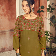 Laxmipati Rayon Mehendi Green  Straight Cut Kurti Has Round Neck Variation , Embroidered Cufe &  Different Yoke Pattern