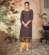 Laxmipati Rayon Charcoal Brown Straight Cut Kurti Has Round Neck Variation , Embroidered Cufe &  Different Yoke Pattern