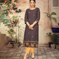 Laxmipati Rayon Charcoal Brown Straight Cut Kurti Has Round Neck Variation , Embroidered Cufe &  Different Yoke Pattern