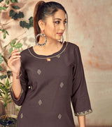 Laxmipati Rayon Charcoal Brown Straight Cut Kurti Has Round Neck Variation , Embroidered Cufe &  Different Yoke Pattern