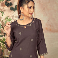 Laxmipati Rayon Charcoal Brown Straight Cut Kurti Has Round Neck Variation , Embroidered Cufe &  Different Yoke Pattern