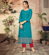 Laxmipati Rayon Peacock Blue Straight Cut Kurti Has Round Neck Variation , Embroidered Cufe &  Different Yoke Pattern