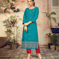 Laxmipati Rayon Peacock Blue Straight Cut Kurti Has Round Neck Variation , Embroidered Cufe &  Different Yoke Pattern