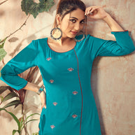 Laxmipati Rayon Peacock Blue Straight Cut Kurti Has Round Neck Variation , Embroidered Cufe &  Different Yoke Pattern
