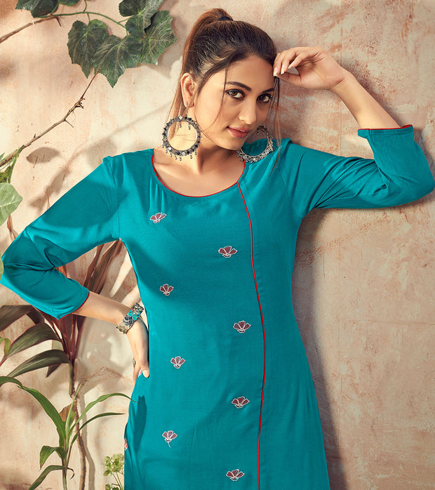 Laxmipati Rayon Peacock Blue Straight Cut Kurti Has Round Neck Variation , Embroidered Cufe &  Different Yoke Pattern