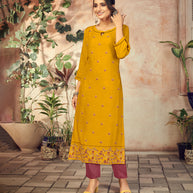 Laxmipati Rayon Tangerine Yellow Straight Cut Kurti Has Round Neck Variation , Embroidered Cufe &  Different Yoke Pattern