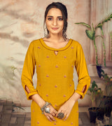 Laxmipati Rayon Tangerine Yellow Straight Cut Kurti Has Round Neck Variation , Embroidered Cufe &  Different Yoke Pattern