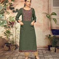 Laxmipati Rayon Jade Green Straight Cut Kurti Has Round Neck Variation , Embroidered Cufe &  Different Yoke Pattern